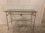 Hal tafeltje goudkleurig ijzerwerk met geslepen glasplaat, Ophalen, Gebruikt, 75 cm of meer, 60 cm of meer