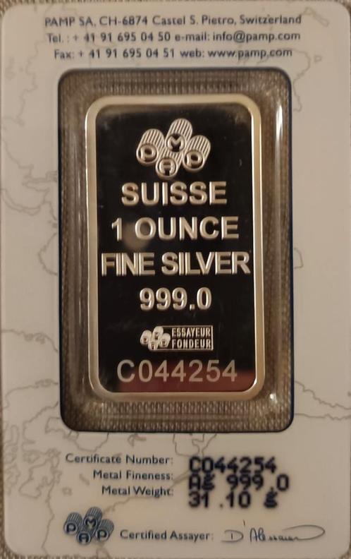 1 Troy ounce  (31,103 gram) zilverbaar | PAMP Suisse zilver, Postzegels en Munten, Edelmetalen en Baren, Zilver, Ophalen of Verzenden