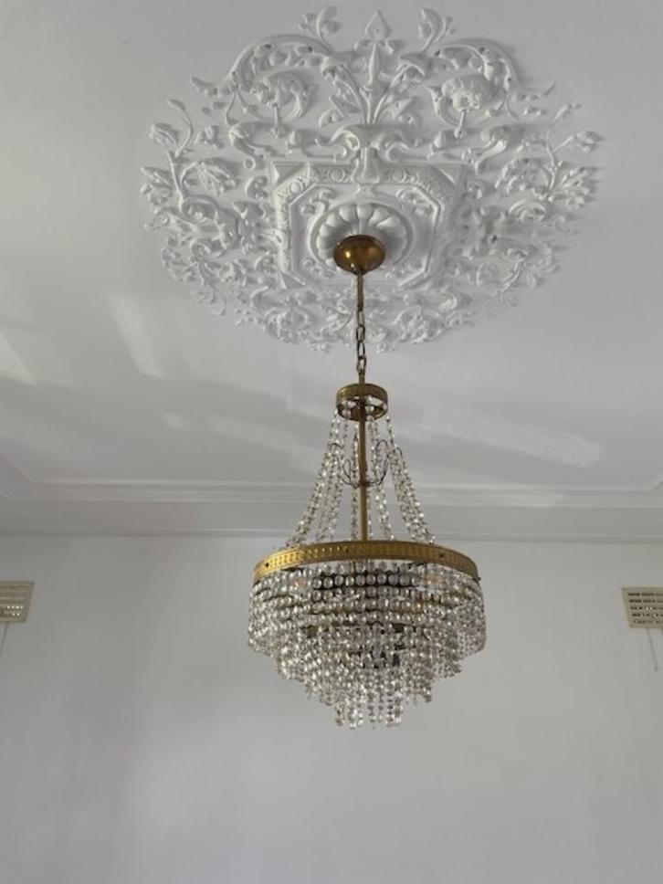 Empire kroonluchter – messing – kristal, Huis en Inrichting, Lampen | Kroonluchters, Gebruikt, Glas, Metaal, Ophalen