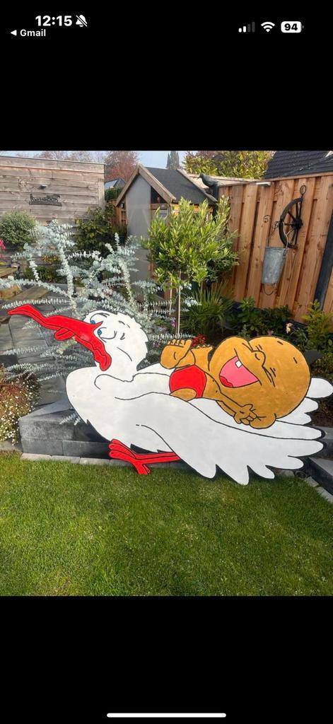Te Huur Geboorte Ooievaar met baby op de Rug, Kinderen en Baby's, Kraamcadeaus en Geboorteborden, Zo goed als nieuw, Ophalen