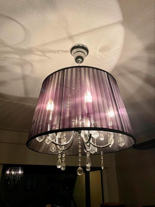 Mooie kroonluchter met stoffen kap, Huis en Inrichting, Lampen | Kroonluchters, Zo goed als nieuw, Metaal, Stof, Ophalen of Verzenden