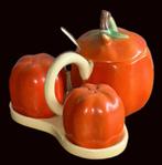 Vintage ORANJE Pompoen zout peper mosterd pot cruet set 60's, Ophalen