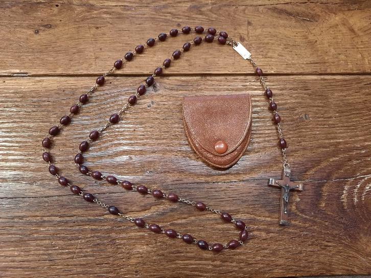 oude bruine stenen paternoster met zakje, rond 1900, Antiek en Kunst, Antiek | Religie, Ophalen of Verzenden