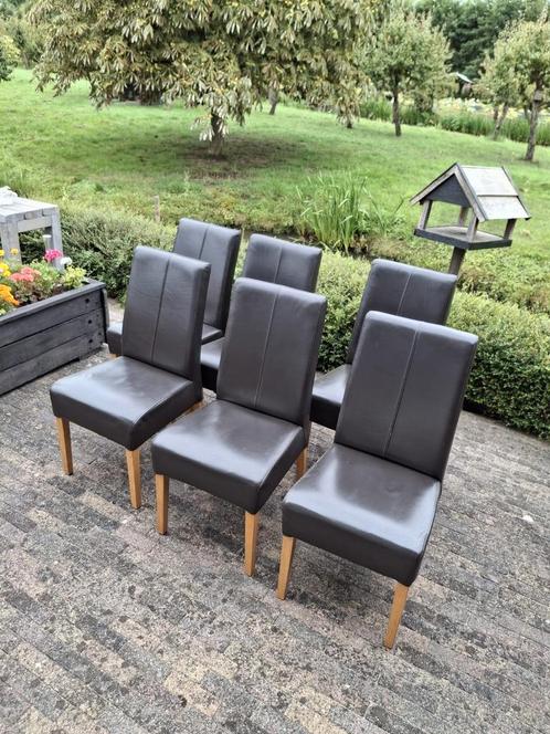 6 stuks eetkamerstoelen donkerbruin, Huis en Inrichting, Stoelen, Zo goed als nieuw, Vijf, Zes of meer stoelen, Leer, Bruin, Ophalen