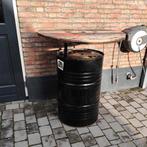4 st. Stoere statafels van olievat en kabelhaspel, Ophalen of Verzenden, Gebruikt, Rond, Metaal