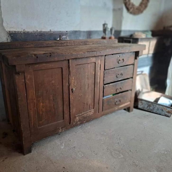 Schitterende oude werkbank keukeneiland ladekast werkplaats, Doe-het-zelf en Verbouw, Werkbanken, Gebruikt, Ophalen