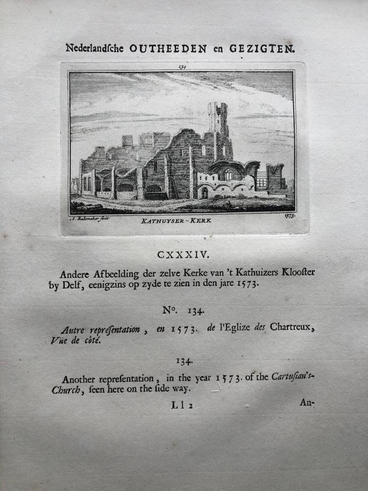 134 / Delft Karthuyser Kerk Kopergravure 1732, Antiek en Kunst, Kunst | Etsen en Gravures, Ophalen of Verzenden