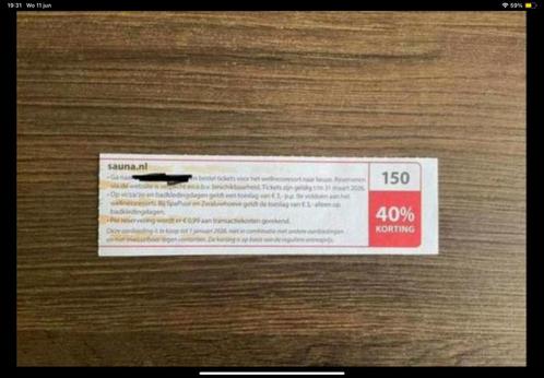 Kortingsbonnen (40%) in omschrijving de sauna’s (KWF), Tickets en Kaartjes, Kortingen en Cadeaubonnen, Twee personen, Spa of Sauna
