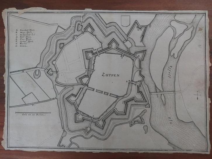 21 / Plattegrond Zutphen Gravure uit 1659 van C. Merian, Antiek en Kunst, Kunst | Etsen en Gravures, Ophalen of Verzenden