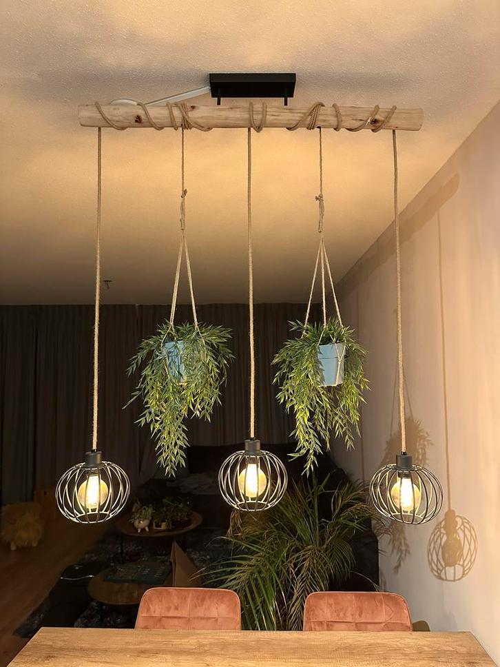 Plafondlamp touw met planten - 3 lichts, Huis en Inrichting, Lampen | Hanglampen, Zo goed als nieuw, 75 cm of meer, Hout, Ophalen