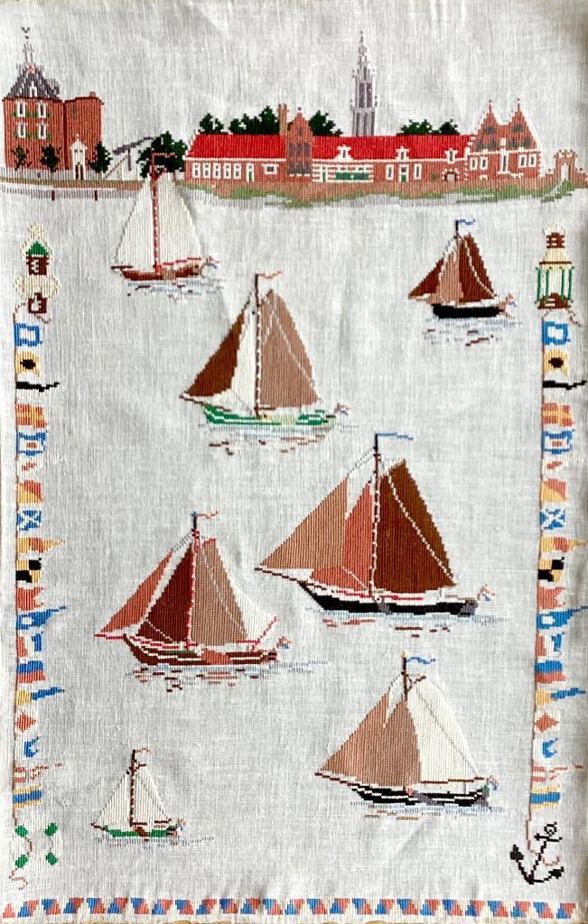 Borduurwerk, zijde, vlag, schip, zeilschip, groot, vintage, Hobby en Vrije tijd, Borduren en Borduurmachines, Gebruikt, Overige typen