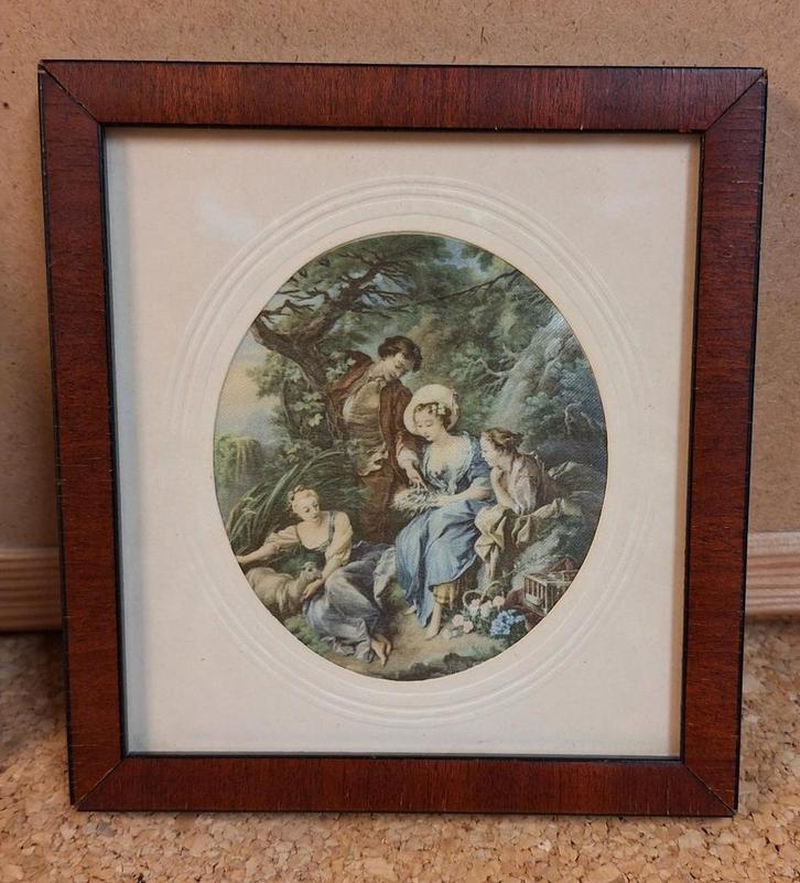 Twee ingelijste miniaturen op zijde jaren 50, Antiek en Kunst, Kunst | Tekeningen en Foto's, Ophalen of Verzenden