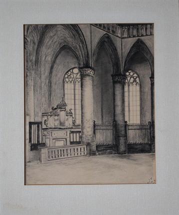 Jelle Troelstra, originele tekening van een kerkinterieur. beschikbaar voor biedingen