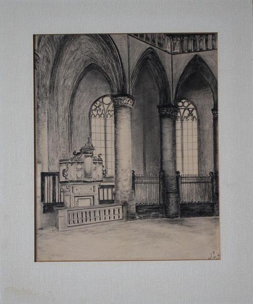 Jelle Troelstra, originele tekening van een kerkinterieur., Antiek en Kunst, Kunst | Schilderijen | Klassiek, Verzenden