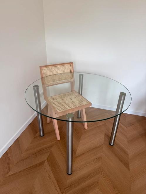 Moderne glazen ronde eettafel 110 cm RVS poten, Huis en Inrichting, Tafels | Eettafels, Zo goed als nieuw, 100 tot 150 cm, Vier personen