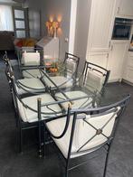 Te koop design glazen eettafel met 6 leren stoelen, Huis en Inrichting, Complete eetkamers, Ophalen, Gebruikt, Klassiek, 4 tot 6 stoelen