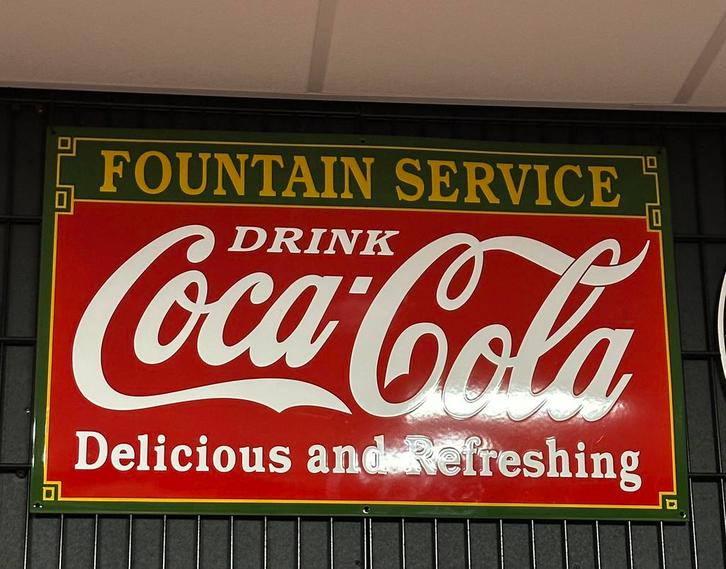 XL Emaille reclamebord Coca Cola Fountain Service, Verzamelen, Merken en Reclamevoorwerpen, Gebruikt, Reclamebord, Ophalen