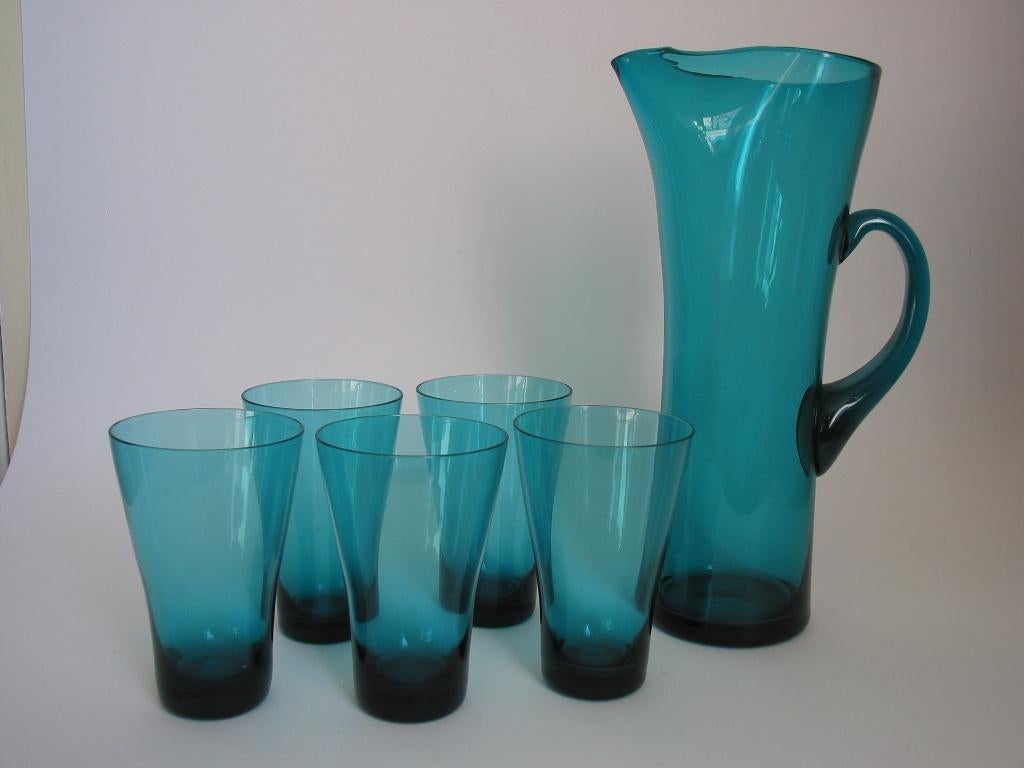 blauw turquoise glas, waterkan, kan, sapkan, 5 x glas water., Ophalen of Verzenden
