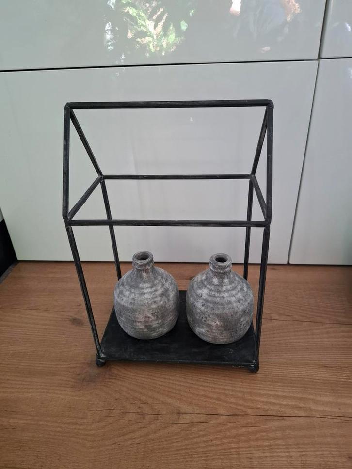 Set van 2 design vaasjes in metalen houder, industial look, Huis en Inrichting, Woonaccessoires | Vazen, Zo goed als nieuw, Overige kleuren