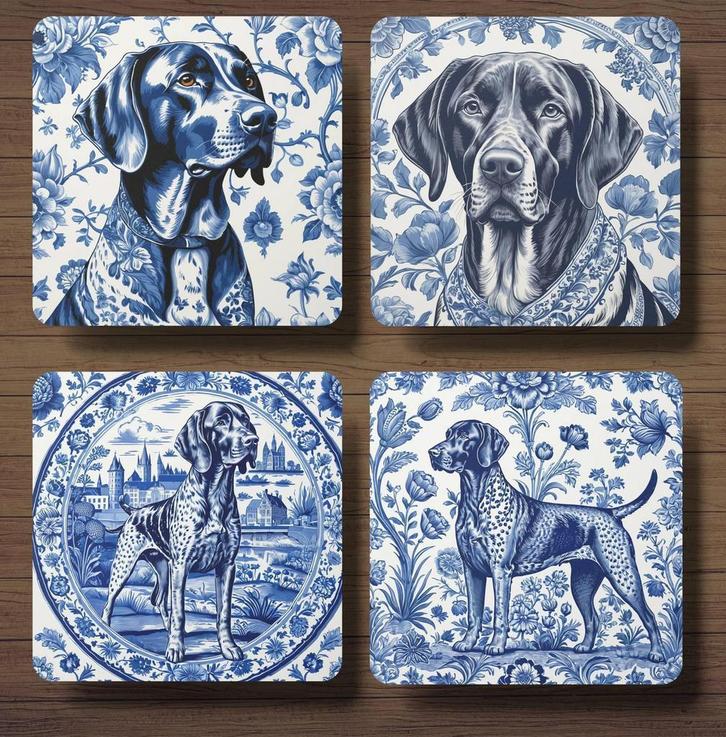 Duitse Staande Korthaar Delfts Blauw onderzetters met houder, Huis en Inrichting, Woonaccessoires | Onderzetters, Nieuw, Glas of Kopje