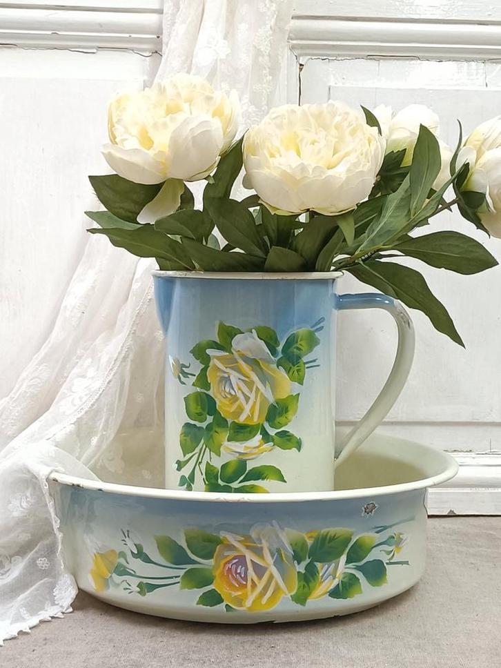 Oud lampetstel met roos decor, Antiek en Kunst, Antiek | Emaille, Ophalen of Verzenden