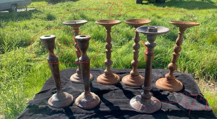 Frans Brocante kandelaars in div. Uitvoeringen & materialen, Antiek en Kunst, Antiek | Kandelaars, Koper of Brons, Ophalen of Verzenden