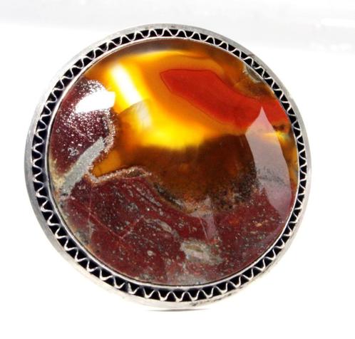 Prachtige Engelse Antieke Zilver Agaat Jaspis Broche, Sieraden, Tassen en Uiterlijk, Antieke sieraden, Broche, Zilver, Met edelsteen