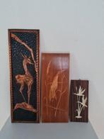 3 retro wandborden wandtegels teakhout koper vogel hertje, Ophalen of Verzenden, Zo goed als nieuw
