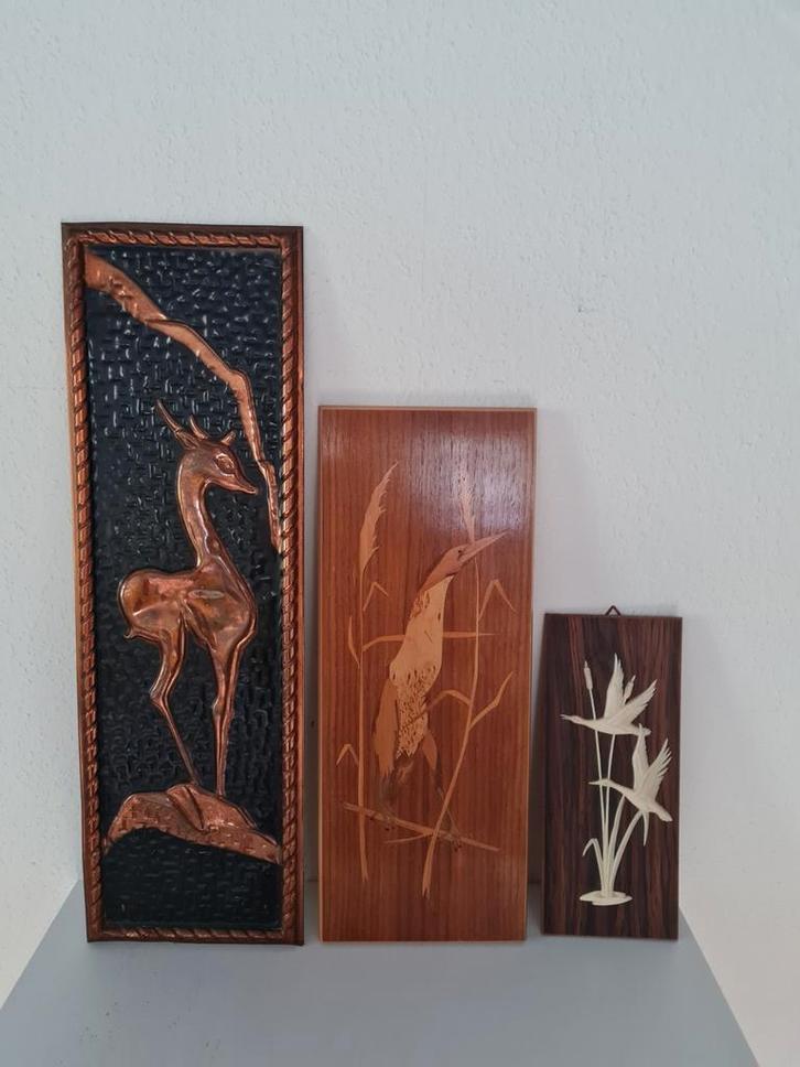 3 retro wandborden wandtegels teakhout koper vogel hertje, Huis en Inrichting, Woonaccessoires | Wanddecoraties, Zo goed als nieuw