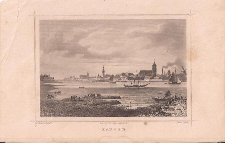 Kampen. Aanzicht op de stad vanaf Seveningen.Staalgr.ca.1860, Antiek en Kunst, Kunst | Etsen en Gravures, Ophalen of Verzenden