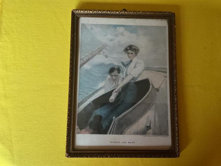 antieke brocante art deco prent litho schipper zeilboot boot, Antiek en Kunst, Curiosa en Brocante, Ophalen of Verzenden