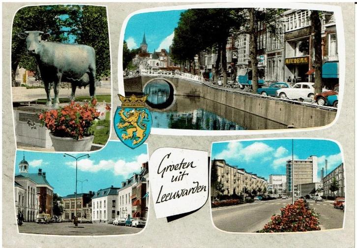 Ansichtkaart Leeuwarden, 4 -luik, koe, gebouwen, Verzamelen, Ansichtkaarten | Nederland, Gelopen, Friesland, 1960 tot 1980, Ophalen of Verzenden