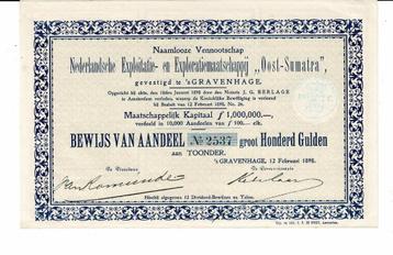 9 x Ned. Exploitatie en Expl. Mij. Oost Sumatra 1898 - ƒ 100 beschikbaar voor biedingen