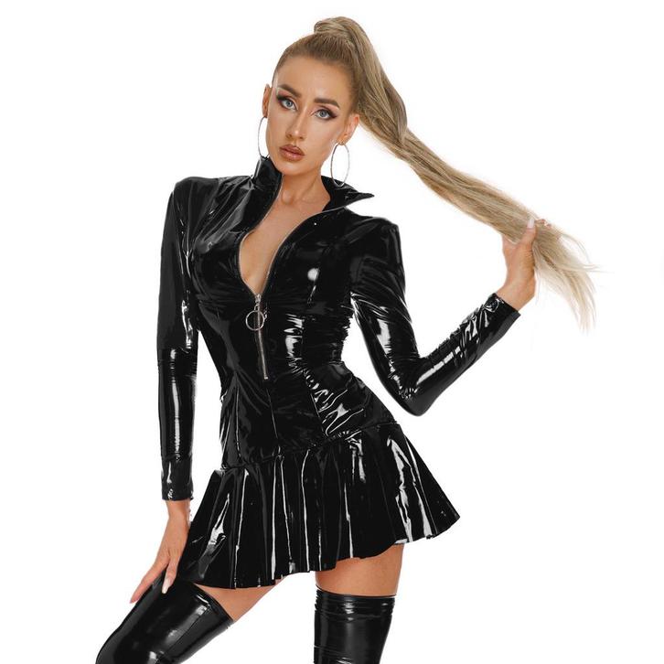 R119 zwart lakjurk maat XXL, rits aan de voorkant., Kleding | Dames, Jurken, Nieuw, Maat 42/44 (L), Zwart, Boven de knie, Ophalen of Verzenden
