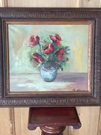 Origineel olieverf schilderij, stilleven klaprozen in lijst, Ophalen of Verzenden