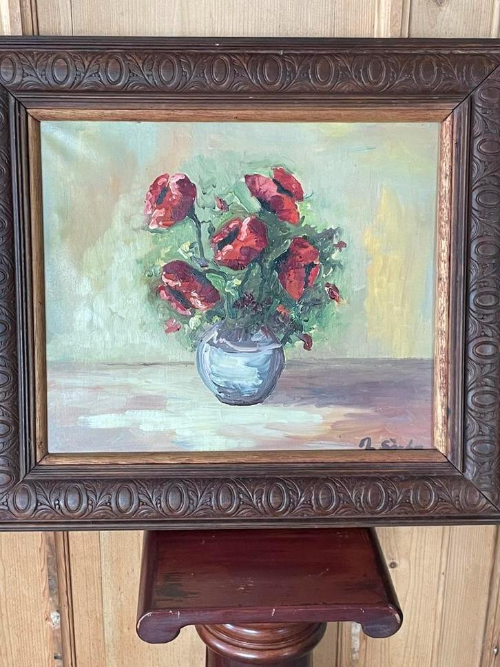 Origineel olieverf schilderij, stilleven klaprozen in lijst, Antiek en Kunst, Kunst | Schilderijen | Klassiek, Ophalen of Verzenden