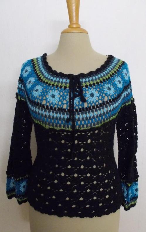 Boho handmade knitwear zwart truitje! M, Kleding | Dames, Tops, Zo goed als nieuw, Maat 38/40 (M), Overige kleuren, Lange mouw