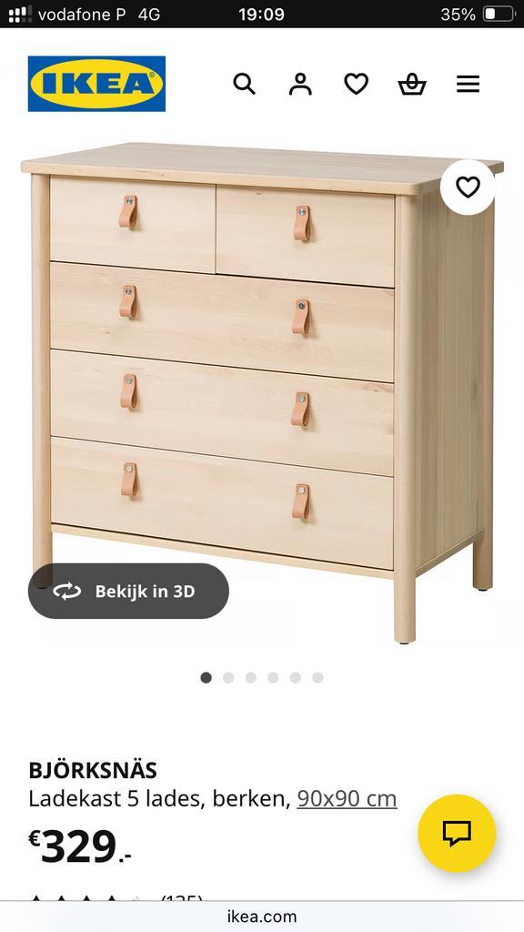 BJÖRKSNÄS ladekast ikea hout met leren handgrepen, Huis en Inrichting, Kasten | Ladekasten, Zo goed als nieuw, Minder dan 100 cm