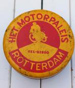 Zeer oud vet blikje Motorpaleis Rotterdam, Verzamelen, Speldjes, Pins en Buttons, Ophalen, Zo goed als nieuw