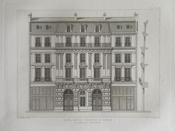Originele gravure 1877 - Aanzicht Haussmann gevel Parijs -, Antiek en Kunst, Kunst | Etsen en Gravures, Verzenden