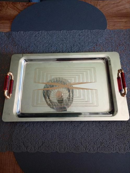 Vintage Presentatieschaal met Rode Handvatten, Huis en Inrichting, Woonaccessoires | Dienbladen, Gebruikt, Metaal, Rechthoekig