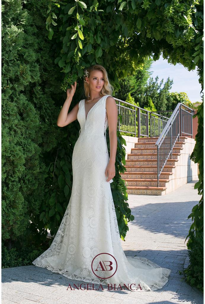 Bohemian kanten gehaakte trouwjurk maat 34 Angela Bianca, Kleding | Dames, Trouwkleding en Trouwaccessoires, Zo goed als nieuw