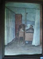 OUDE AQUAREL * PATIËNT IN BED * In Houten Lijst *, Antiek en Kunst, Kunst | Schilderijen | Klassiek, Verzenden