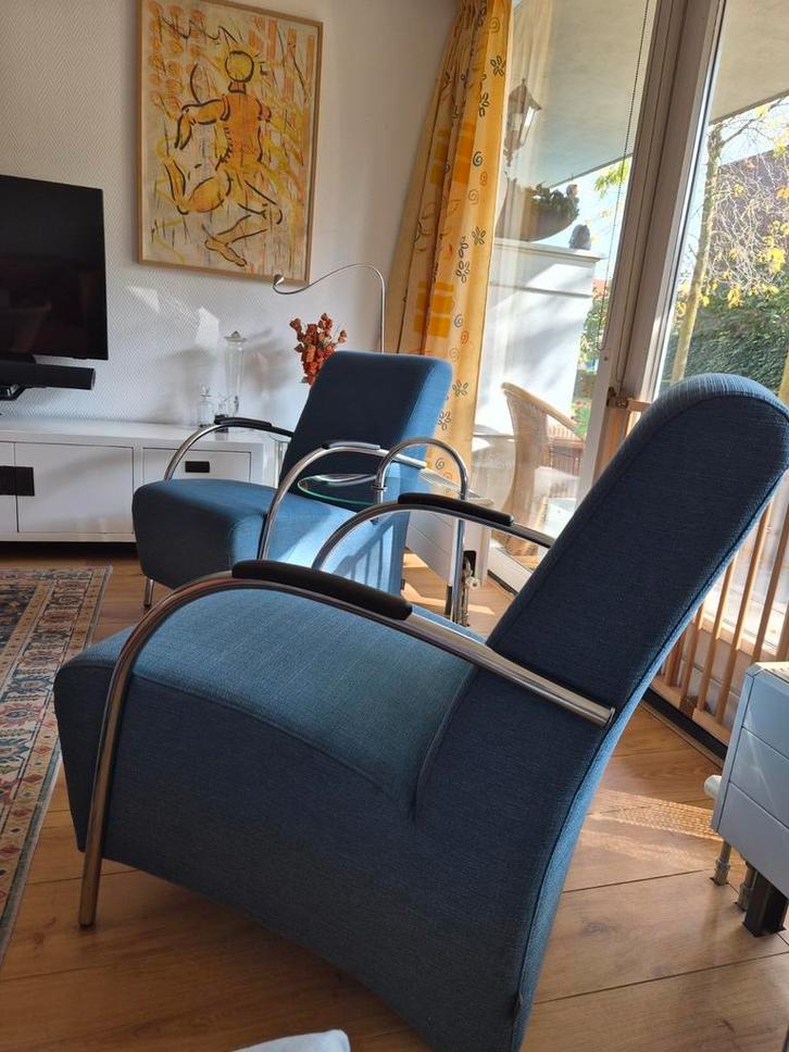2 mooie moderne Fauteuils Woood, Huis en Inrichting, Fauteuils, Zo goed als nieuw, Stof, 50 tot 75 cm, 75 tot 100 cm, Ophalen