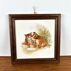 Vintage tegel in lijst kat hond, Ophalen of Verzenden