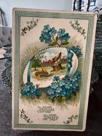 Oude kaart Pasen gouddruk, kip met kuikens bloemen, ongelope, Feest(dag), Ophalen of Verzenden, Voor 1920