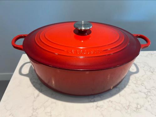 Le Creuset ovaal 35 cm, in gebruikte staat, Huis en Inrichting, Keuken | Potten en Pannen, Gebruikt, Koekenpan of Braadpan, Gietijzer