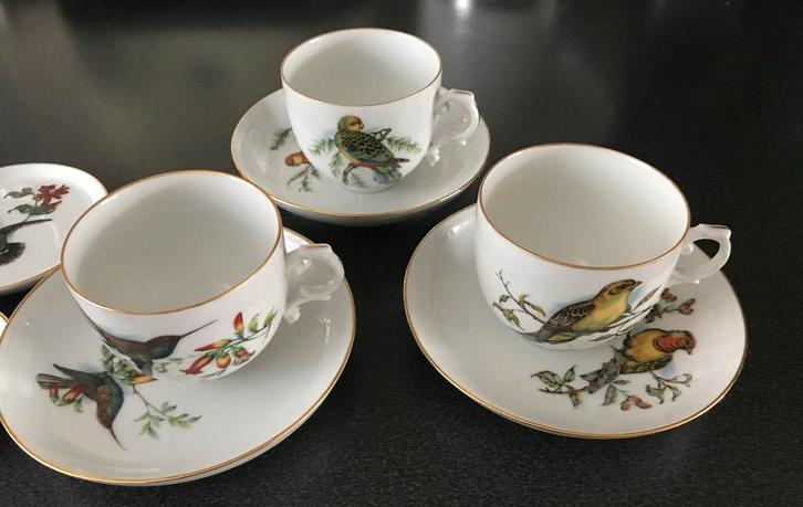 Antieke kop en schotels met vogelmotieven (3 stuks), Antiek en Kunst, Antiek | Servies los, Ophalen of Verzenden