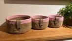 Set van 3 jute mandjes met licht roze katoen en leren bandj, Ophalen of Verzenden, Nieuw, Rond, Mand