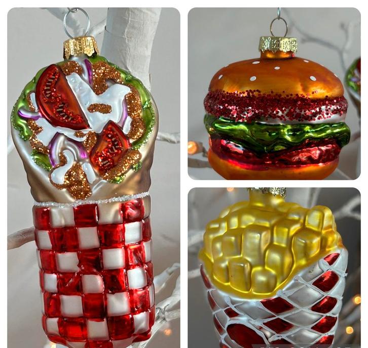Hamburger friet en burrito kerstbal van glas, Diversen, Kerst, Zo goed als nieuw, Ophalen of Verzenden